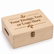Personalised natural wooden keepsake box with custom laser engraved text design or logo