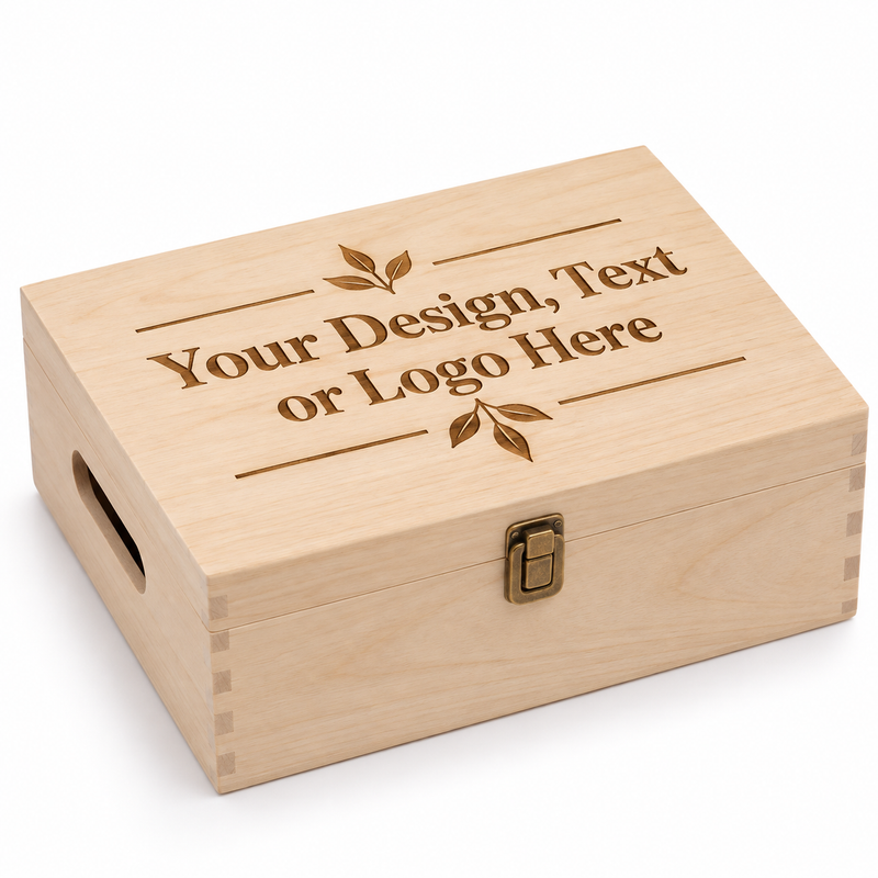 Personalised natural wooden keepsake box with custom laser engraved text design or logo