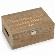 Personalised oak effect wooden keepsake box with custom laser engraved text design or logo