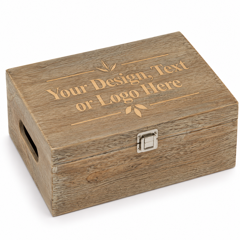 Personalised oak effect wooden keepsake box with custom laser engraved text design or logo