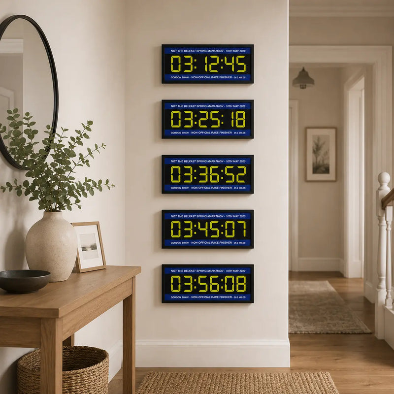 Personalised race achievement digital timer framed print in hallway display