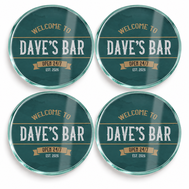 Four personalised round glass coasters with teal vintage pub design and custom bar name