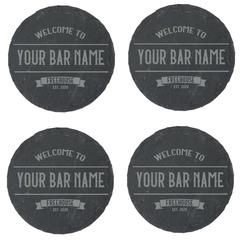 Set of four personalised round slate coasters with engraved Vintage Pub design