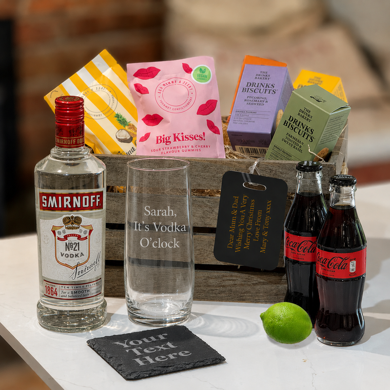 Smirnoff vodka gift crate with custom engraved glass reading “Sarah, It’s Vodka O’clock”