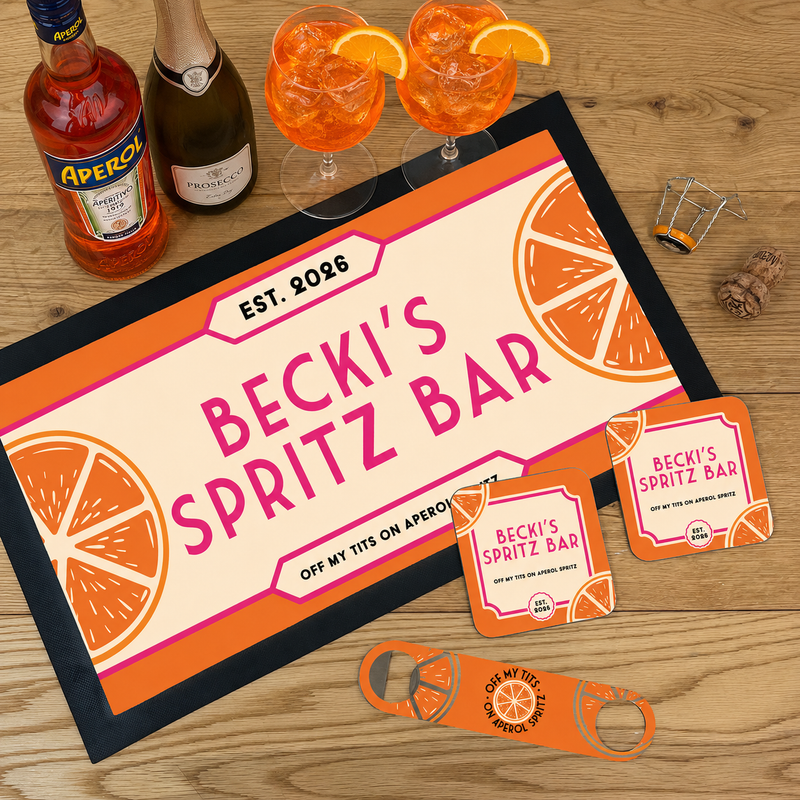 Personalised Spritz bar mat, coasters and bottle opener styled with cocktails