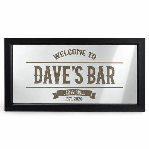 Personalised vintage bar mirror with engraved pub name and black wooden frame