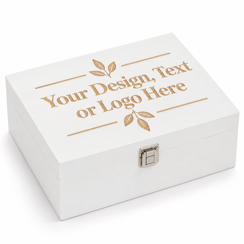 Personalised 12 inch white wooden keepsake box with custom wood colour laser engraving