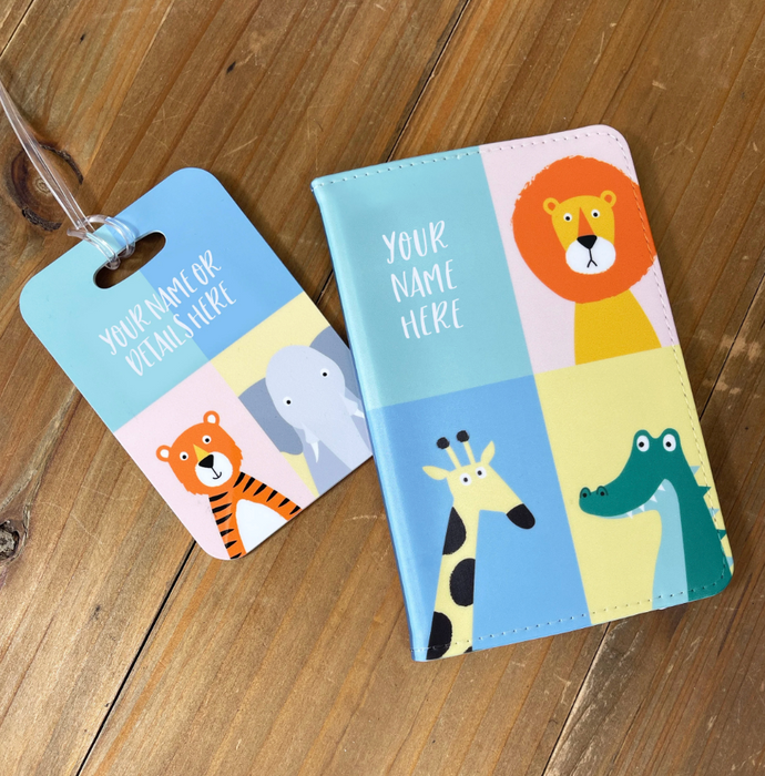 A personalised children’s travel set with a passport holder and matching luggage tag. Both feature a pastel animal design with a lion, giraffe, tiger, elephant, monkey, and crocodile. The text “Your Name Here” shows where customisation can be added for a child’s name or details.