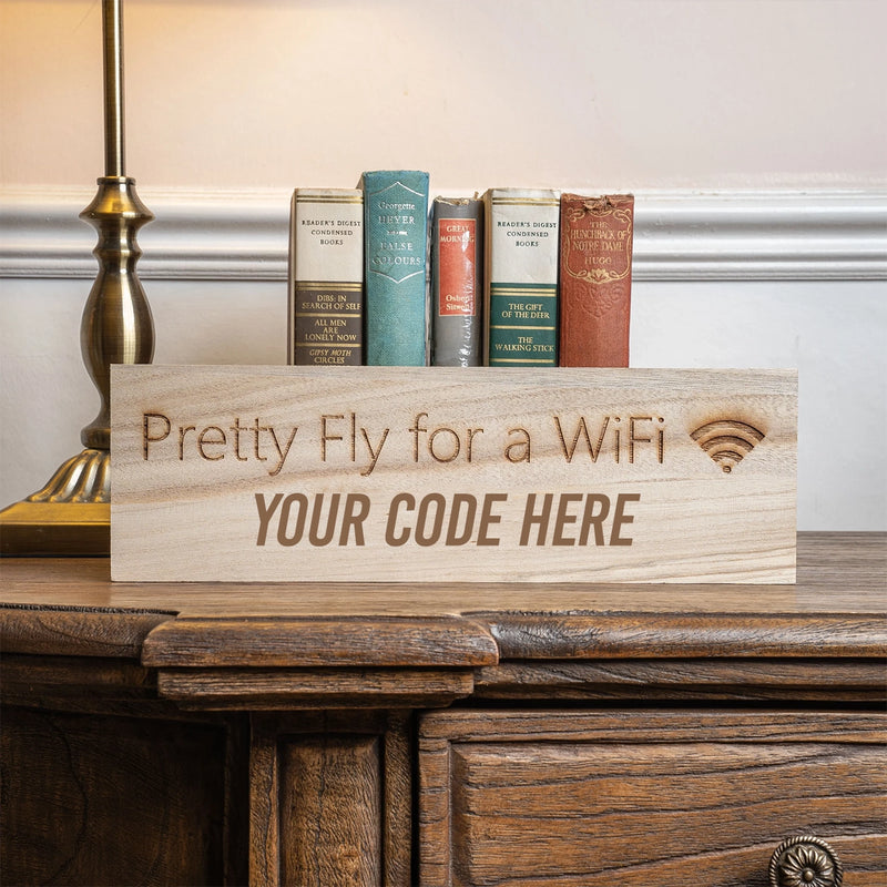 Personalised engraved wooden WiFi password sign displayed in the home
