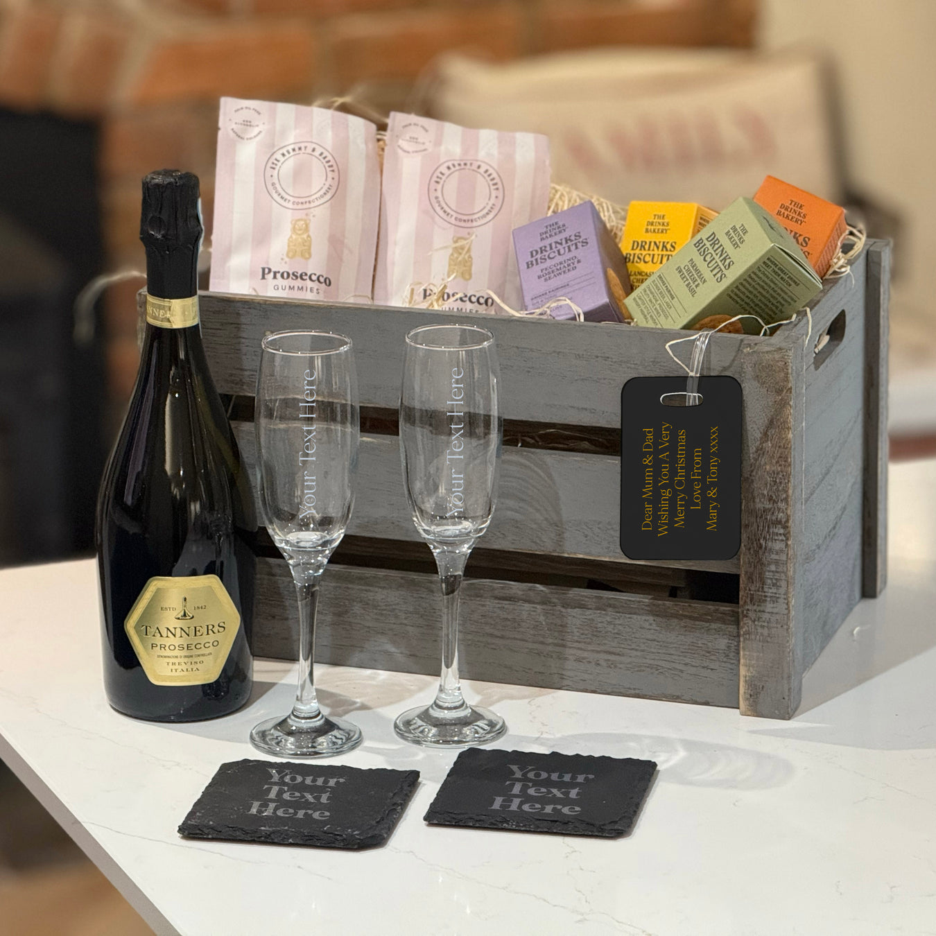 Personalised Prosecco Lovers Crate with Tanners Prosecco, engraved flutes, coasters, and treats