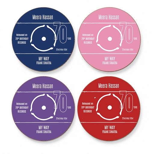 Set of four personalised record label coasters with custom songs