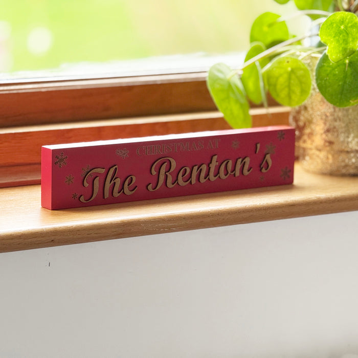 Personalised Freestanding Christmas Sign – Custom Family Name Wooden Decoration | ‘Christmas At’ Snowflake Design in Red, White or Grey | Holiday Mantel & Shelf Décor Gift