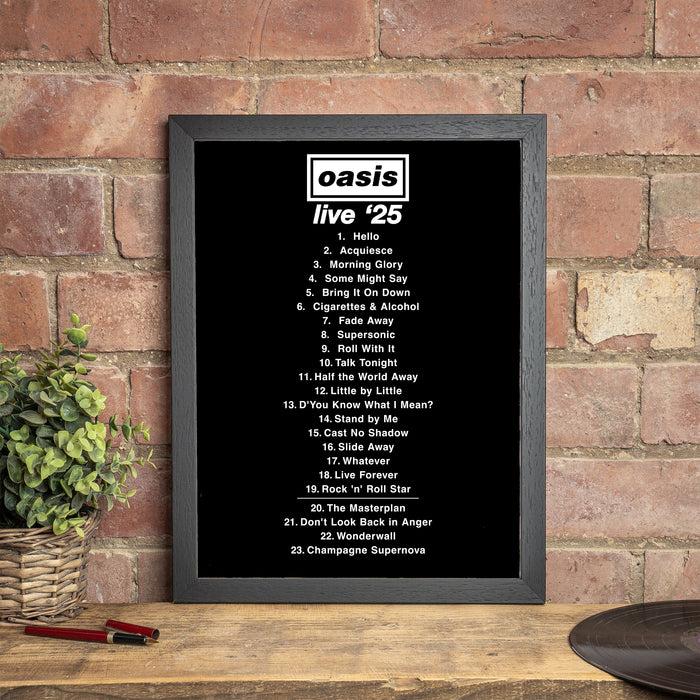 Framed list of songs from Oasis album 'Live '25' on a brick wall background