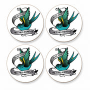 Set of four personalised swallow tattoo wedding coasters