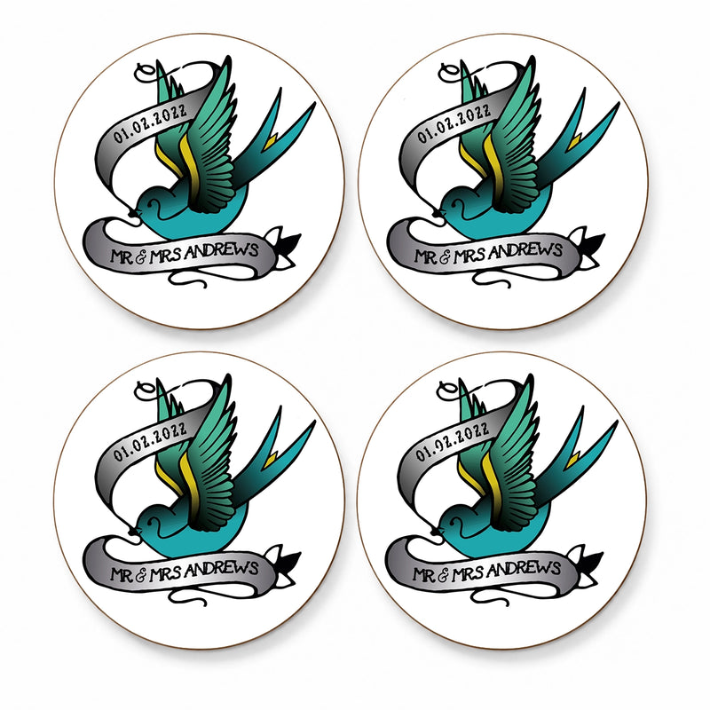 Set of four personalised swallow tattoo wedding coasters