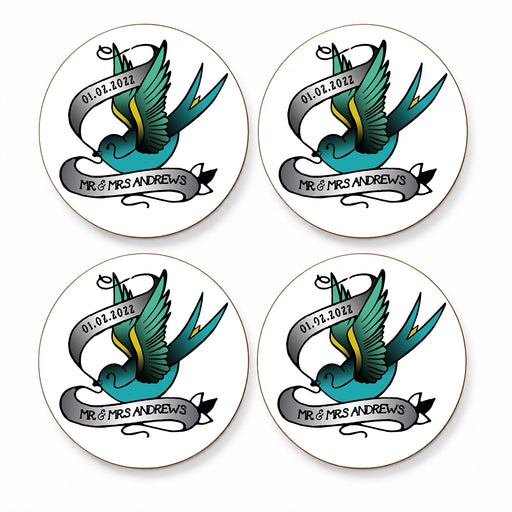 Set of four personalised swallow tattoo wedding coasters