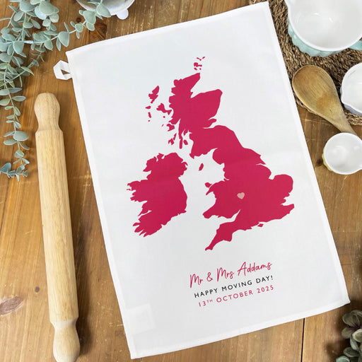 Flat lay of tea towel showing full personalised map design