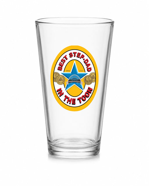 Best Stepdad in the Toon Conical Pint Glass with UV printed Toon-inspired football badge design