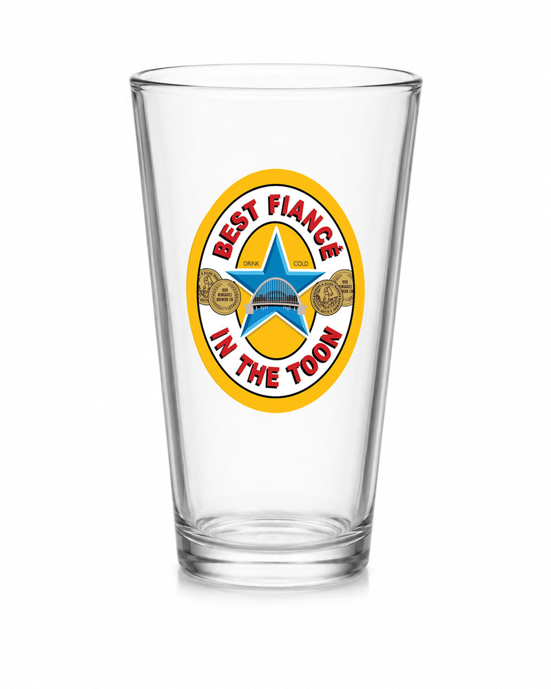 Best Fiancé in the Toon Conical Pint Glass with UV printed Toon-inspired football badge design