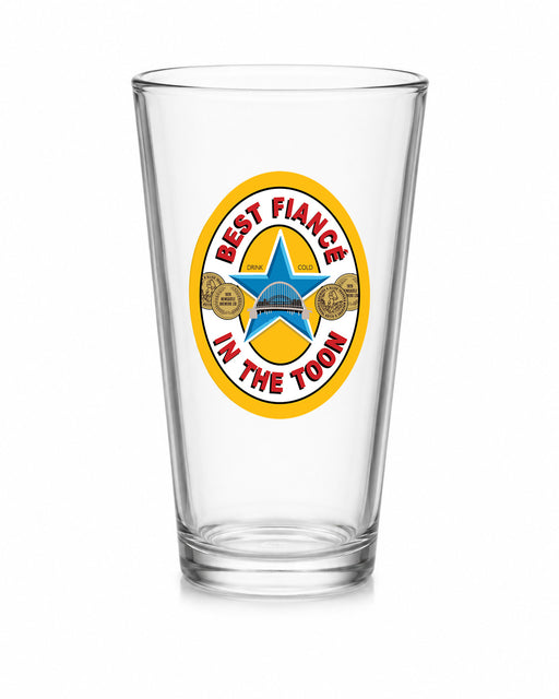 Best Fiancé in the Toon Conical Pint Glass with UV printed Toon-inspired football badge design