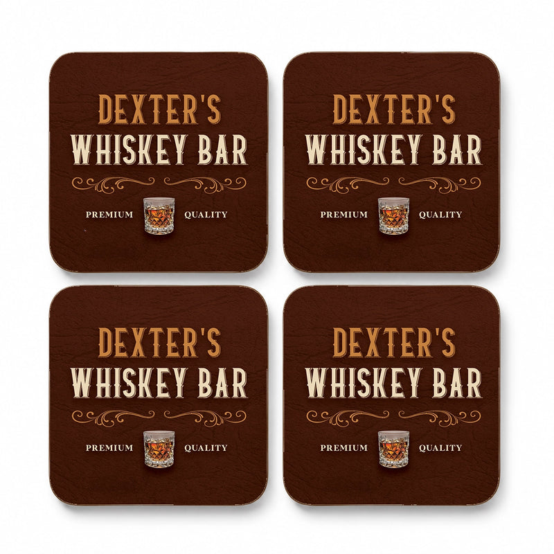 Set of four personalised whisky coasters with custom name and traditional wood effect whisky bar design
