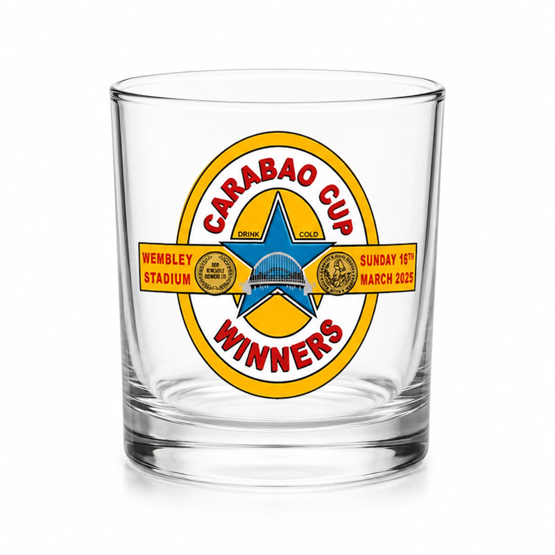 2025 Carabao Cup Winners Whisky Glass with UV printed commemorative Toon winners badge design