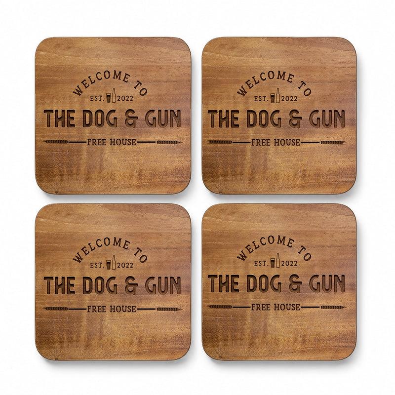 Personalised Rustic Home Bar Coasters – Wood Effect Pub Design – Set of 4