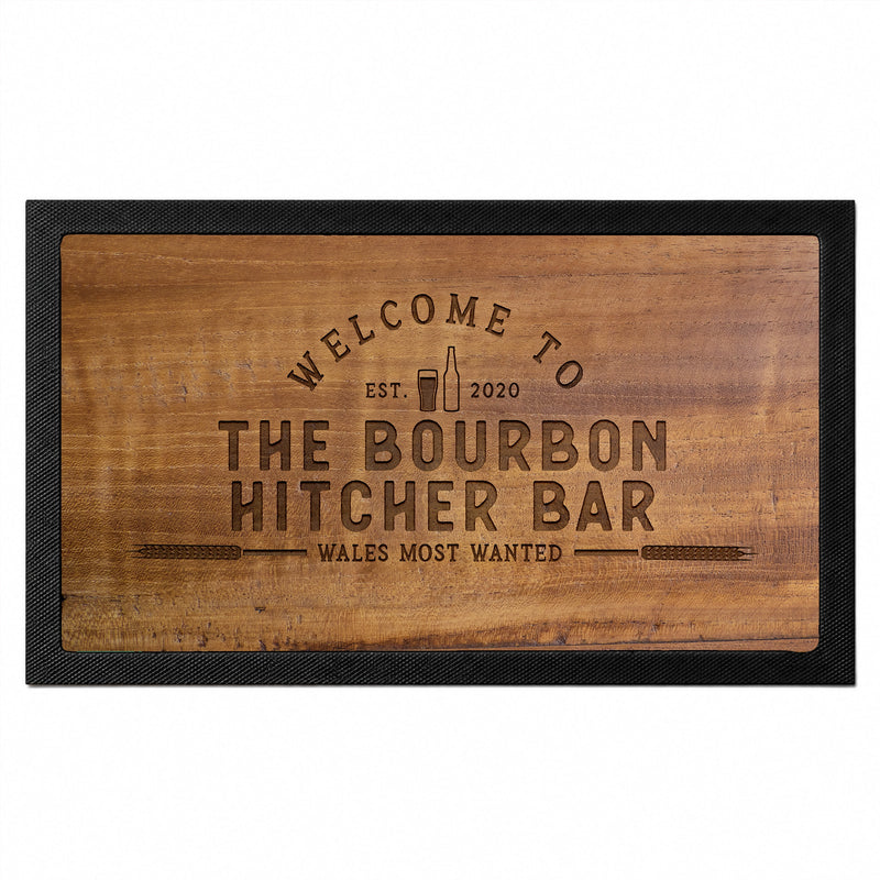 Personalised rustic wood effect home bar mat with custom bar name