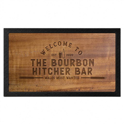 Personalised rustic wood effect home bar mat with custom bar name