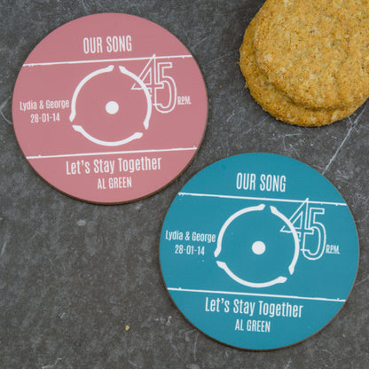 Set of personalised vinyl record coasters