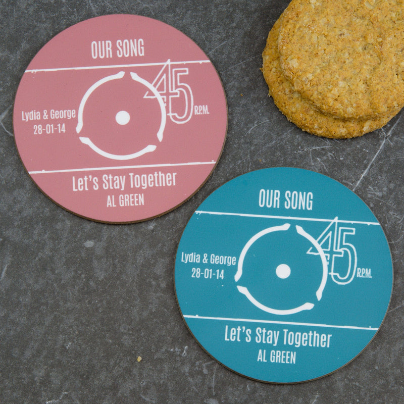 Set of personalised vinyl record coasters