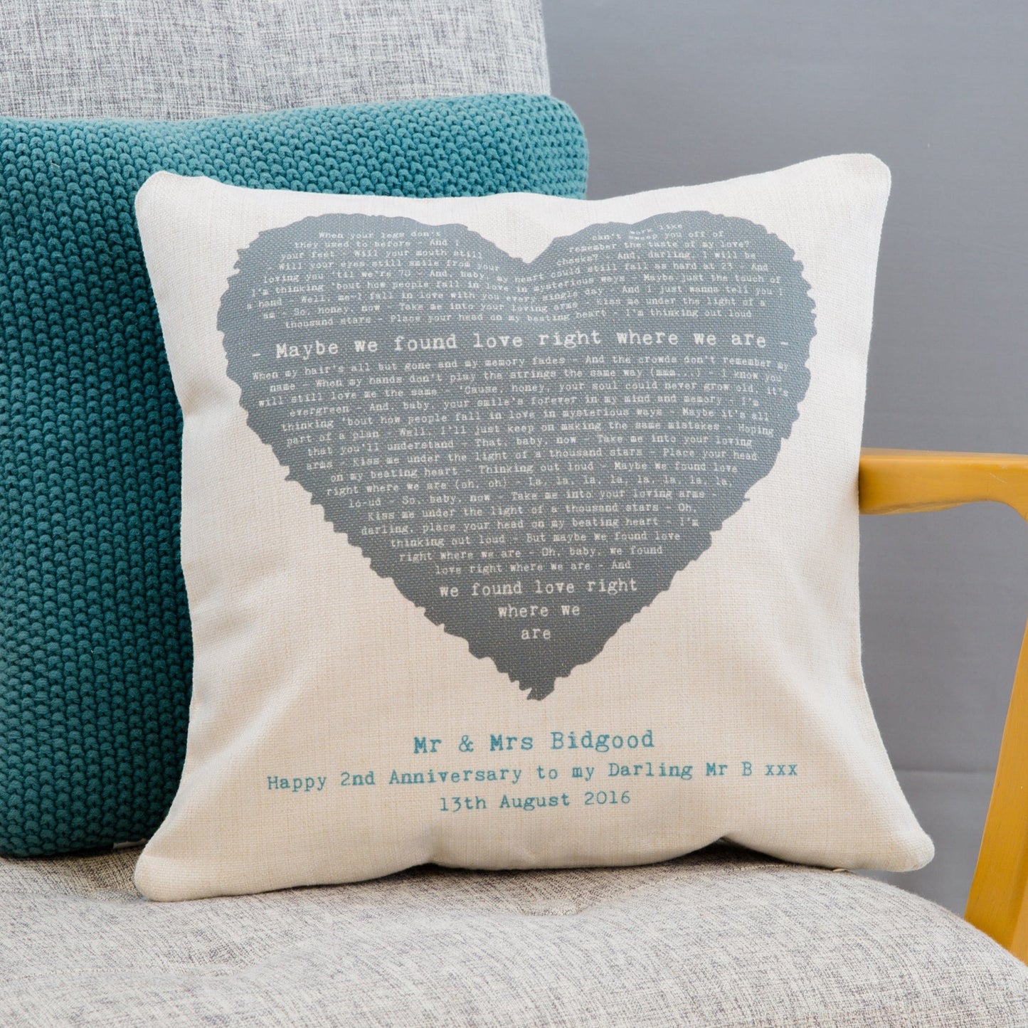 Heart cushion with song lyrics print
