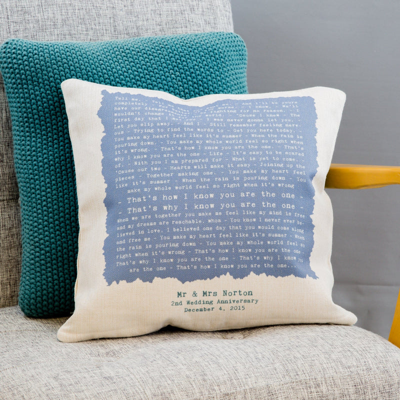 Vintage Square Song Words Cushion Cover (Vows, Speech or Lyrics) | 2nd Anniversary Gift