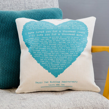 First dance song words printed on cotton cushion for 2nd anniversary