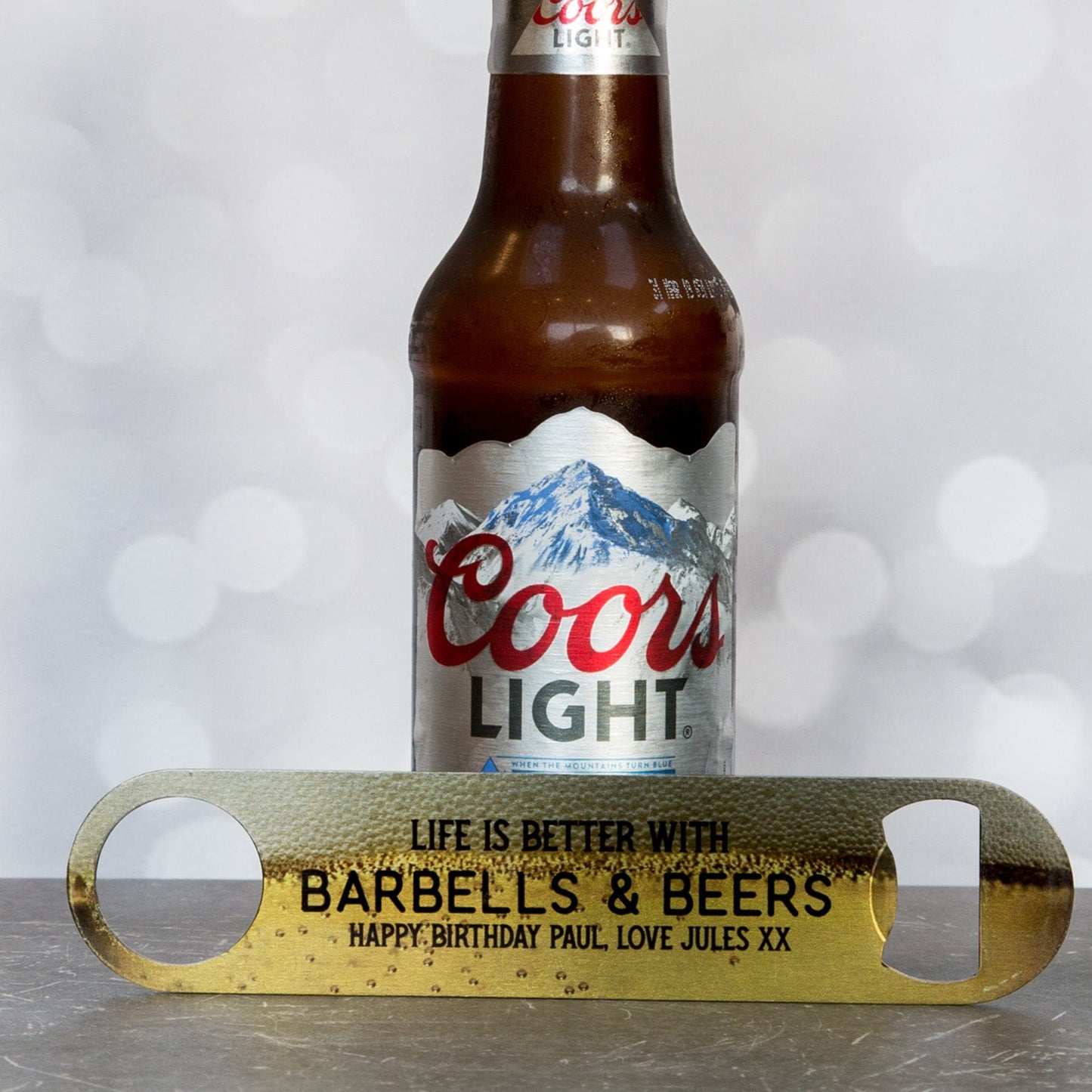 Personalised Bottle Opener With Olympic Barbell Design
