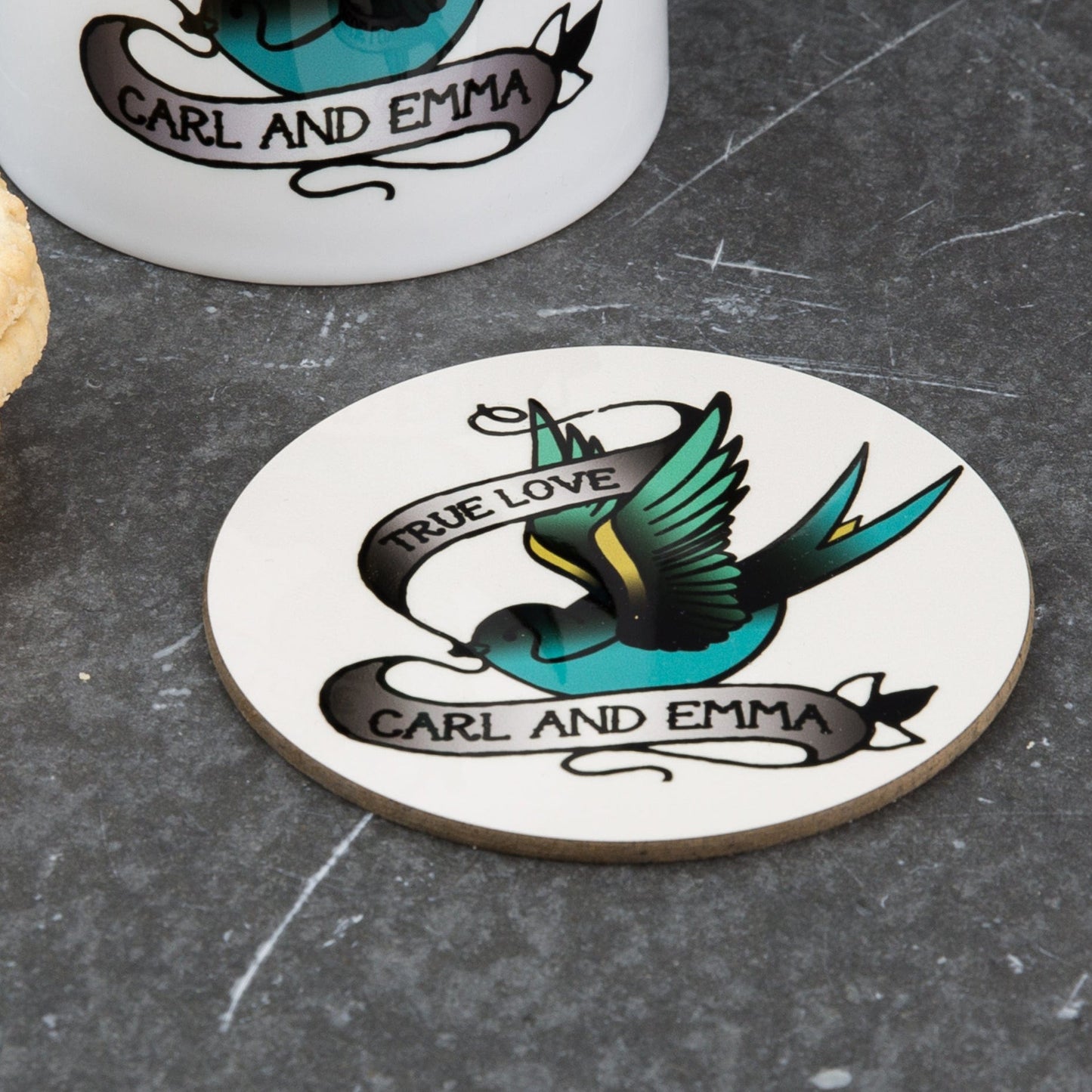Sailor Jerry Tattoo Inspired Coaster - True Love Swallow Personalised - Wedding Or Anniversary Gift