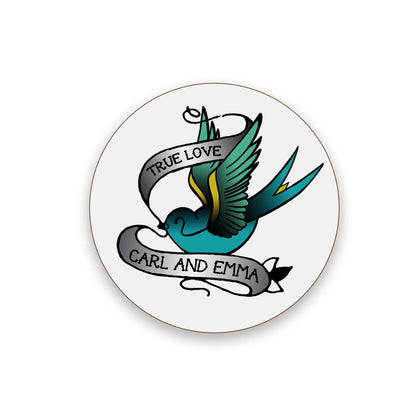 Sailor Jerry Tattoo Inspired Coaster - True Love Swallow Personalised - Wedding Or Anniversary Gift