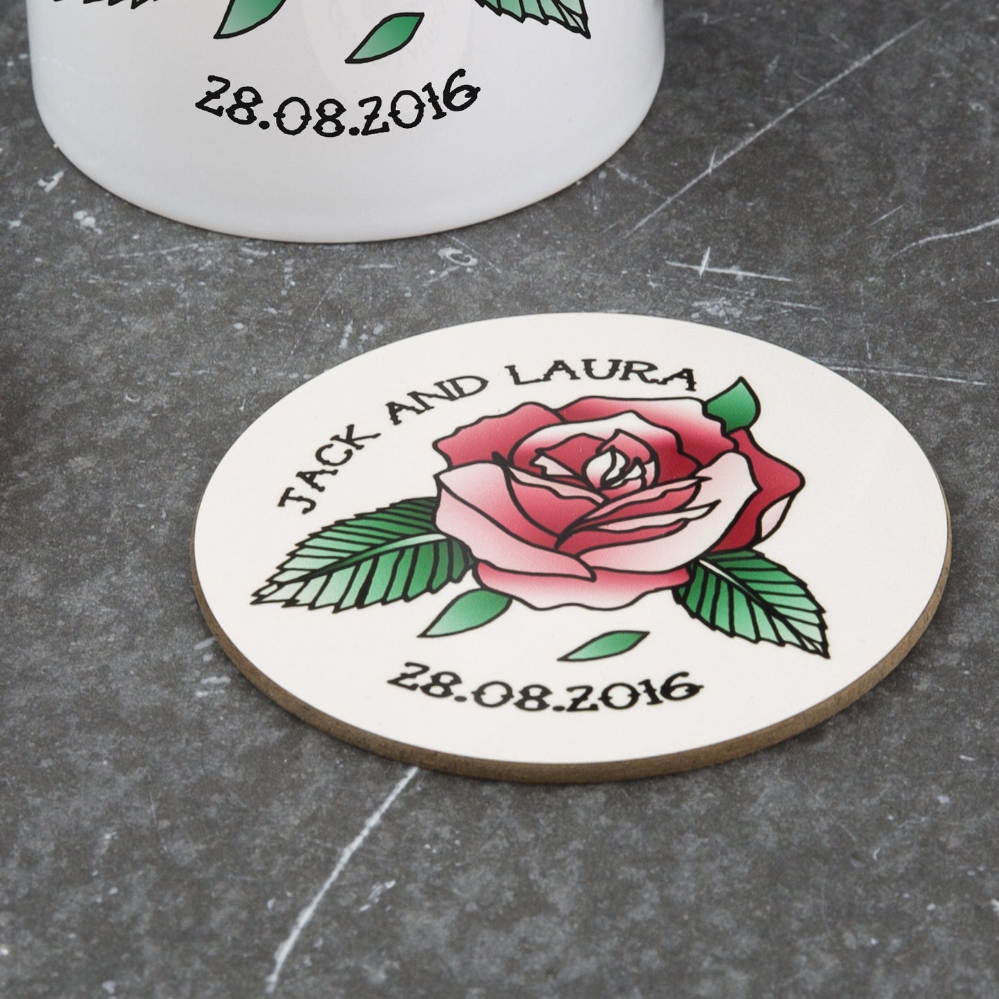 Wedding Favour Gift - Vintage Rose Tattoo Illustration Coaster Personalised - Anniversary Present