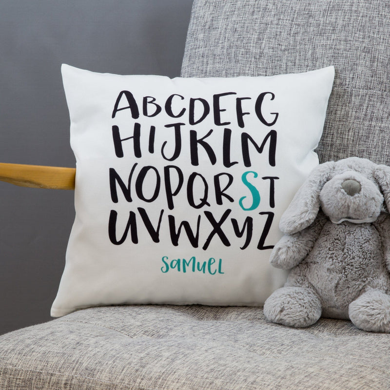 Monochrome Kids Bedroom Modern Nursery Accessory - A-Z Alphabet Cushion Print Personalised - New Baby Gift