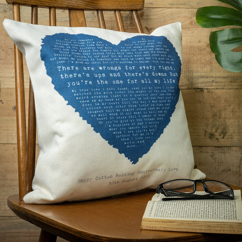 Personalised Heart Song Lyric Cushion Cover (2nd Cotton Anniversary Gift)