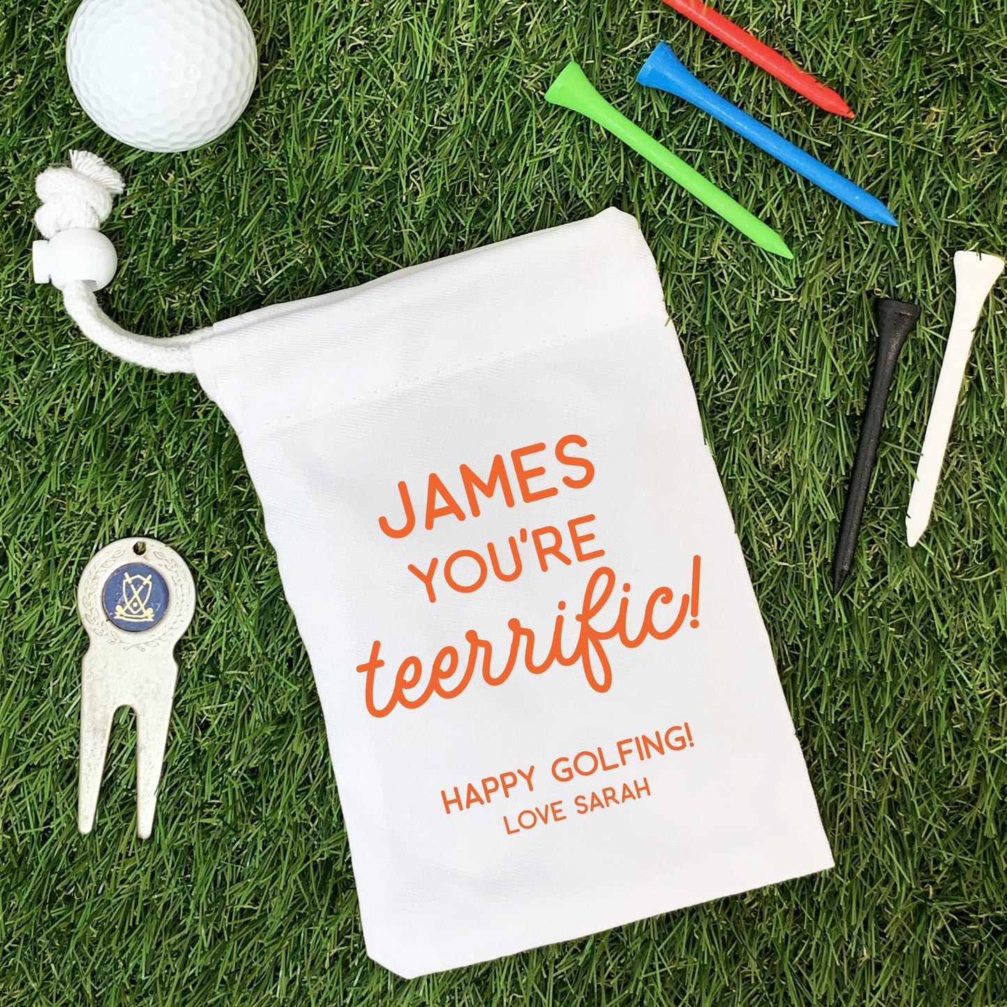Golf Pun Gift | Tee-rrific Golfer Golf Tee Bag & Towel Set | Personalised Golf Accessory Pouch Set