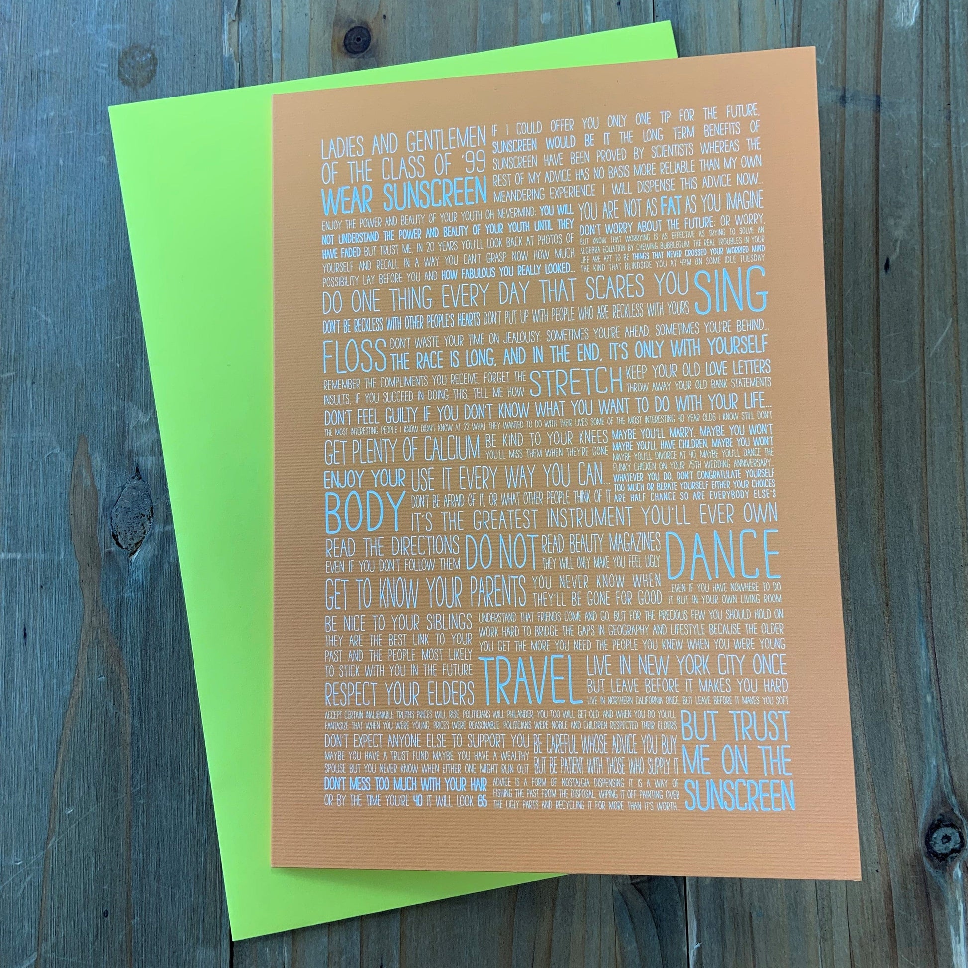 Baz Luhrmann Graduation Class of 99 Sunscreen song printed as a greetings card