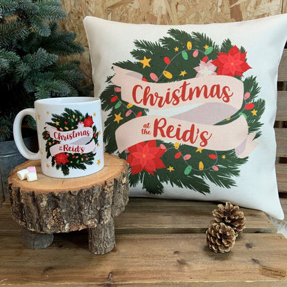 Personalised Family Christmas Wreath Mug and Coaster Gift Set