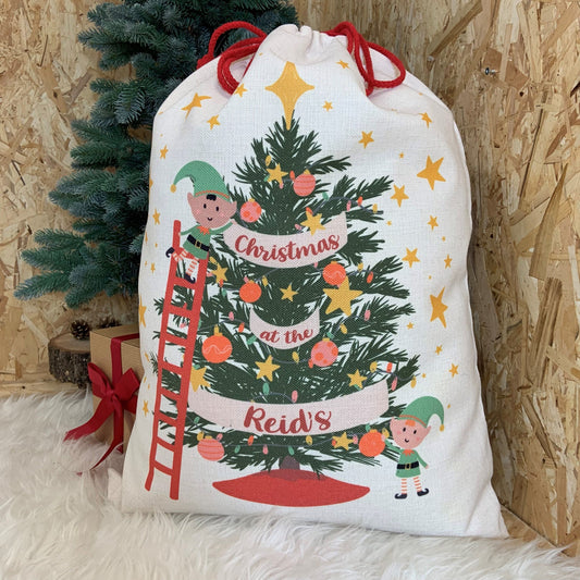 Santa sack personalised with family name and christmas elf design