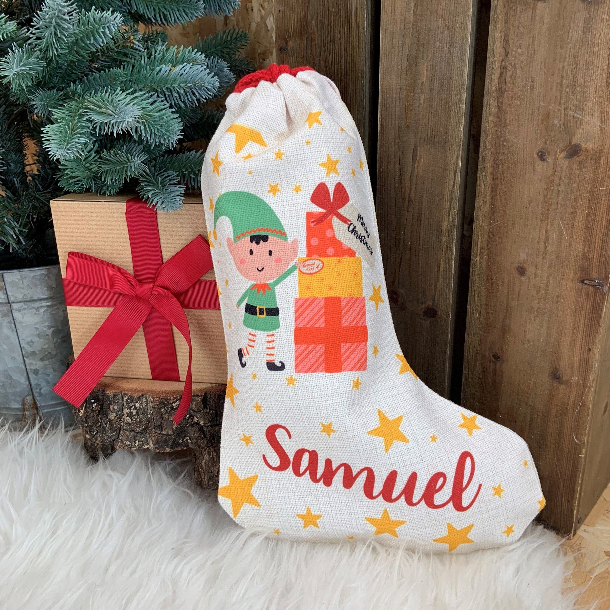 Personalised Christmas Stocking with elf design and person's name