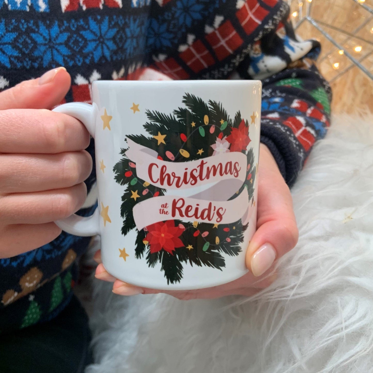 Personalised Family Christmas Wreath Mug and Coaster Gift Set