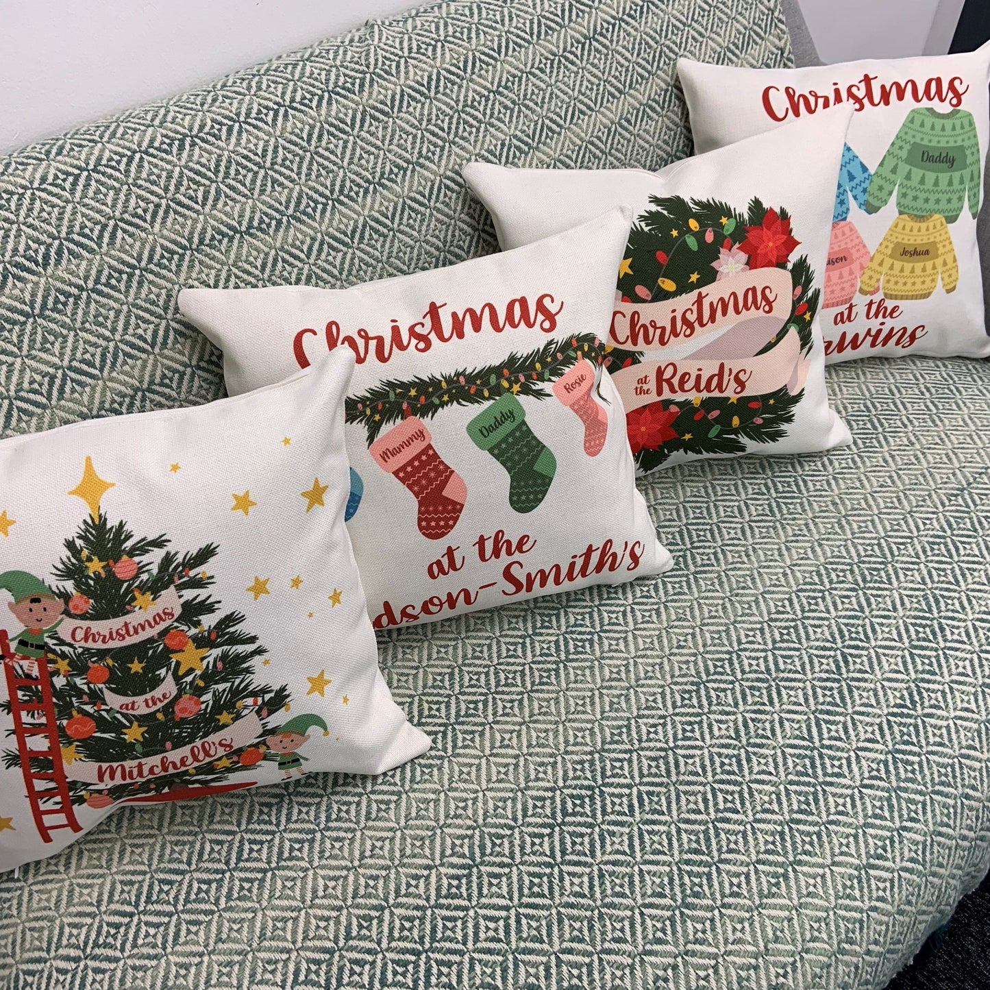 Personalised Family Christmas Tree Xmas Elf Cushion