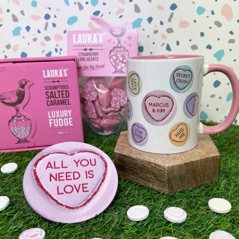Personalised Love Hearts Mug and Coaster Set