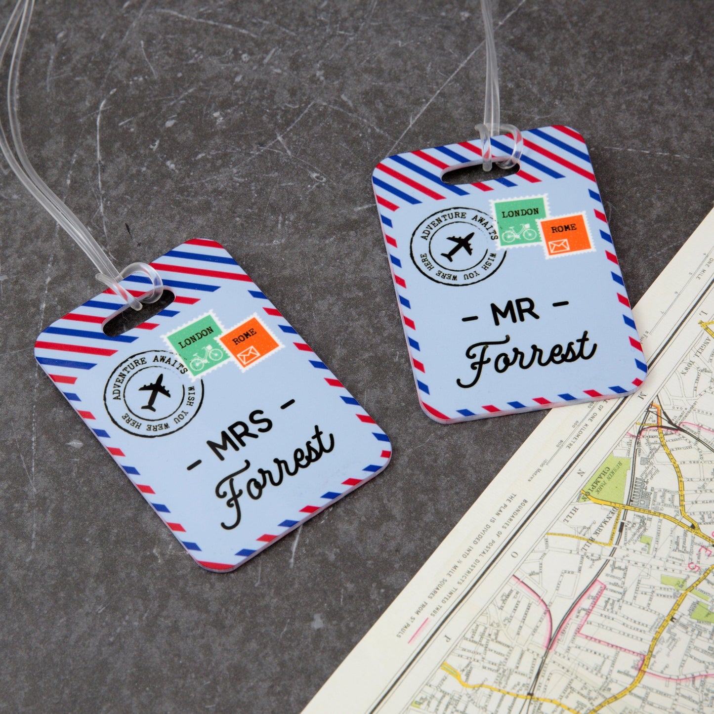 Honeymoon Wedding Gift - Vintage Airmail Stamp Inspired Luggage Tags - Travel Or Leaving Present