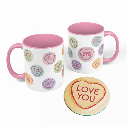 Personalised Love Hearts Mug and Coaster | Cute Customised Gift | Girlfriend Couple Engagement or Wedding Present
